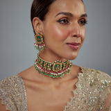 Saadgi Gold Plated Green Kundan Polki Womens Choker Necklace Set with Pair of Earrings