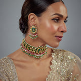 Saadgi Gold Plated Green Kundan Polki Womens Choker Necklace Set with Pair of Earrings