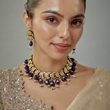 Saadgi Gold Plated Blue Kundan Polki Womens Choker Necklace Set with Pair of Earrings
