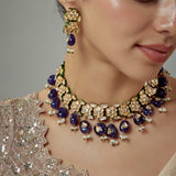 Saadgi Gold Plated Blue Kundan Polki Womens Choker Necklace Set with Pair of Earrings