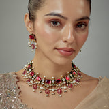 Saadgi Gold Plated Red Kundan Polki Womens Choker Necklace Set with Pair of Earrings