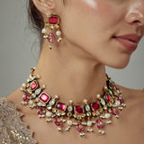 Saadgi Gold Plated Red Kundan Polki Womens Choker Necklace Set with Pair of Earrings