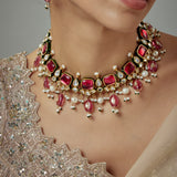 Saadgi Gold Plated Red Kundan Polki Womens Choker Necklace Set with Pair of Earrings