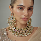 Saadgi Gold Plated Pink Kundan Polki Womens Choker Necklace Set with Pair of Earrings