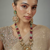 Saadgi Gold Plated Maroon Beaded Womens Long Necklace Set with Pair of Earrings