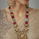 Saadgi Gold Plated Maroon Beaded Womens Long Necklace Set with Pair of Earrings
