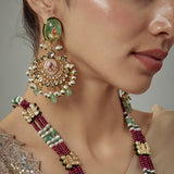 Saadgi Gold Plated Maroon Beaded Womens Long Necklace Set with Pair of Earrings