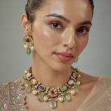 Saadgi Gold Plated Multicolored Kundan Polki Womens Choker Necklace Set with Pair of Earrings