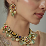 Saadgi Gold Plated Multicolored Kundan Polki Womens Choker Necklace Set with Pair of Earrings