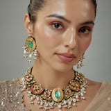 Saadgi Gold Plated Green Kundan Polki Womens Choker Necklace Set with Pair of Earrings