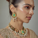 Saadgi Gold Plated Green Kundan Polki Womens Choker Necklace Set with Pair of Earrings