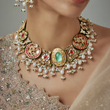 Saadgi Gold Plated Green Kundan Polki Womens Choker Necklace Set with Pair of Earrings