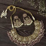 Gold Plated Red Womens Kundan Short Necklace Set with Pair of Earrings