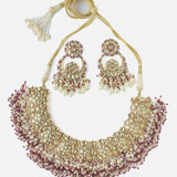 Gold Plated Red Womens Kundan Short Necklace Set with Pair of Earrings