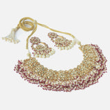 Gold Plated Red Womens Kundan Short Necklace Set with Pair of Earrings