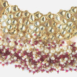 Gold Plated Red Womens Kundan Short Necklace Set with Pair of Earrings