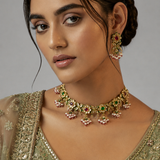 Navratna  Jaipuri Kundan Floral Choker Necklace Set with Pearl Drops