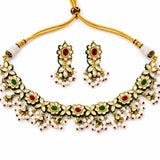 Navratna  Jaipuri Kundan Floral Choker Necklace Set with Pearl Drops
