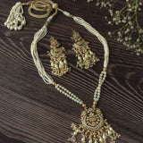 Gold Plated White Womens Pearl Long Necklace Set with Pair of Earrings