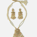 Gold Plated White Womens Pearl Long Necklace Set with Pair of Earrings