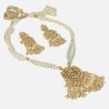 Gold Plated White Womens Pearl Long Necklace Set with Pair of Earrings