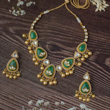Saadgi Gold Plated Green Womens Temple Choker Necklace Set with 2 Pair of Earrings