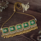 Saadgi Gold Plated Green Womens Temple Choker Necklace Set with 2 Pair of Earrings