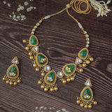 Saadgi Gold Plated Green Womens Temple Choker Necklace Set with 2 Pair of Earrings