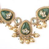 Saadgi Gold Plated Green Womens Temple Choker Necklace Set with 2 Pair of Earrings