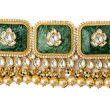 Saadgi Gold Plated Green Womens Temple Choker Necklace Set with 2 Pair of Earrings