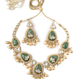 Saadgi Gold Plated Green Womens Temple Choker Necklace Set with 2 Pair of Earrings