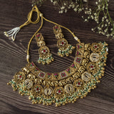 Gold Plated Multicolored Womens Beads Short Necklace Set with Pair of Earrings
