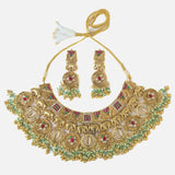 Gold Plated Multicolored Womens Beads Short Necklace Set with Pair of Earrings