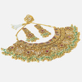 Gold Plated Multicolored Womens Beads Short Necklace Set with Pair of Earrings