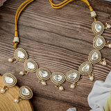 Burgundy Gold Plated White Womens Kundan Polki Short Necklace Set with Pair of Earrings