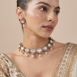 Burgundy Gold Plated White Womens Kundan Polki Short Necklace Set with Pair of Earrings