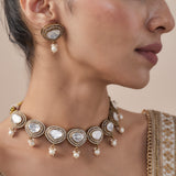 Burgundy Gold Plated White Womens Kundan Polki Short Necklace Set with Pair of Earrings