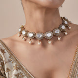 Burgundy Gold Plated White Womens Kundan Polki Short Necklace Set with Pair of Earrings