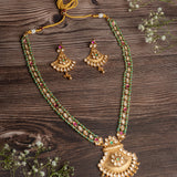 Isvaraah 2.0 Gold Plated Green Long Necklace Set with Pair of Earrings