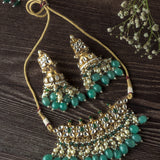 Gold Plated Green Womens Kundan Choker Necklace Set with Pair of Earrings