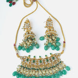 Gold Plated Green Womens Kundan Choker Necklace Set with Pair of Earrings