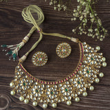 Gold Plated Red & Green Womens Kundan Choker Necklace Set with Pair of Earrings
