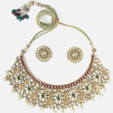 Gold Plated Red & Green Womens Kundan Choker Necklace Set with Pair of Earrings
