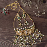 Saadgi Gold Plated Green Womens Choker Necklace Set with Pair of Earrings