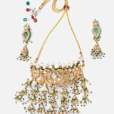 Saadgi Gold Plated Green Womens Choker Necklace Set with Pair of Earrings