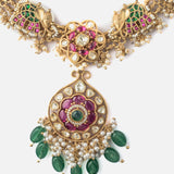 Morpankh Gold Plated Multicolored Womens Kundan Polki Short Necklace Set with Pair of Earrings