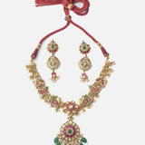 Morpankh Gold Plated Multicolored Womens Kundan Polki Short Necklace Set with Pair of Earrings