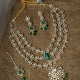 Gold Plated Green Womens Kundan Polki Necklace Set with Pair of Earrings & Maangtikka