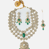 Gold Plated Green Womens Kundan Polki Necklace Set with Pair of Earrings & Maangtikka
