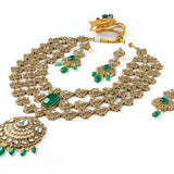 Gold Plated Green Womens Kundan Polki Necklace Set with Pair of Earrings & Maangtikka